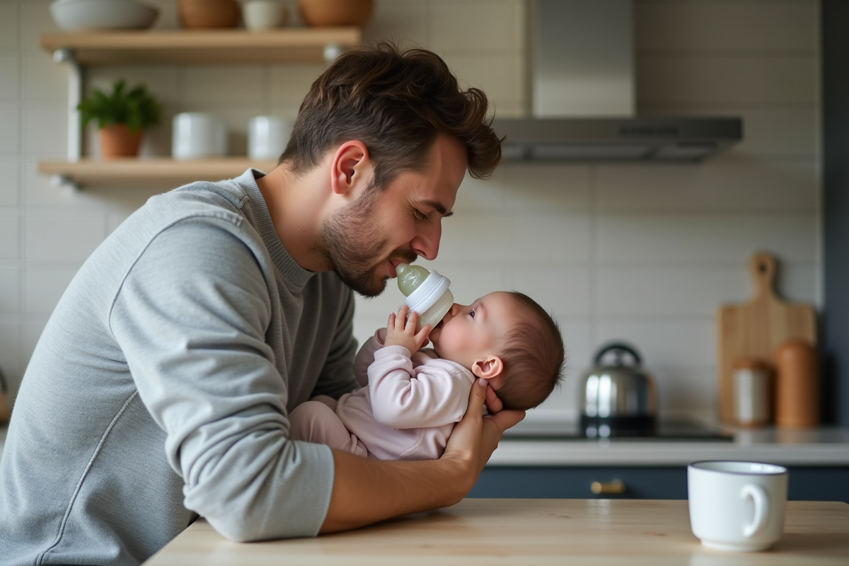 Papa donnant le biberon à sa fille dans une cuisine moderne