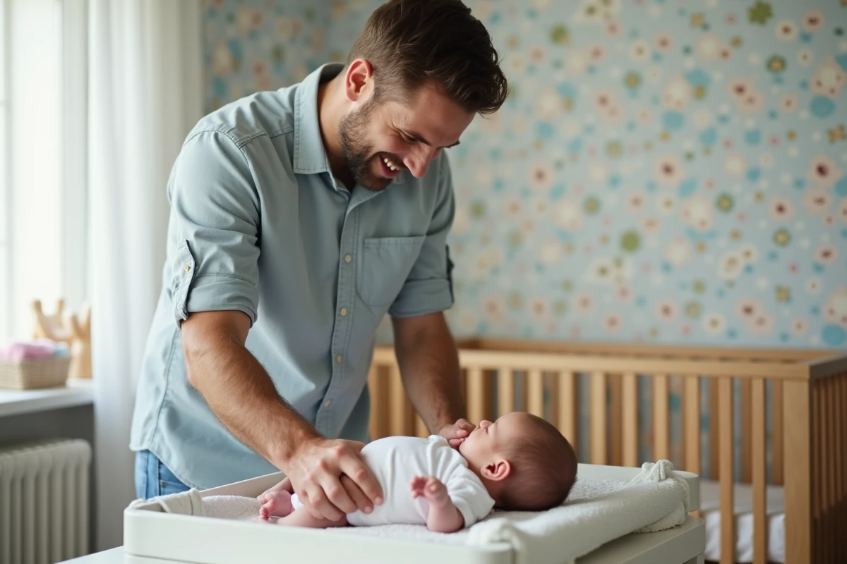 Papa changeant la couche de bébé dans une nurserie calme