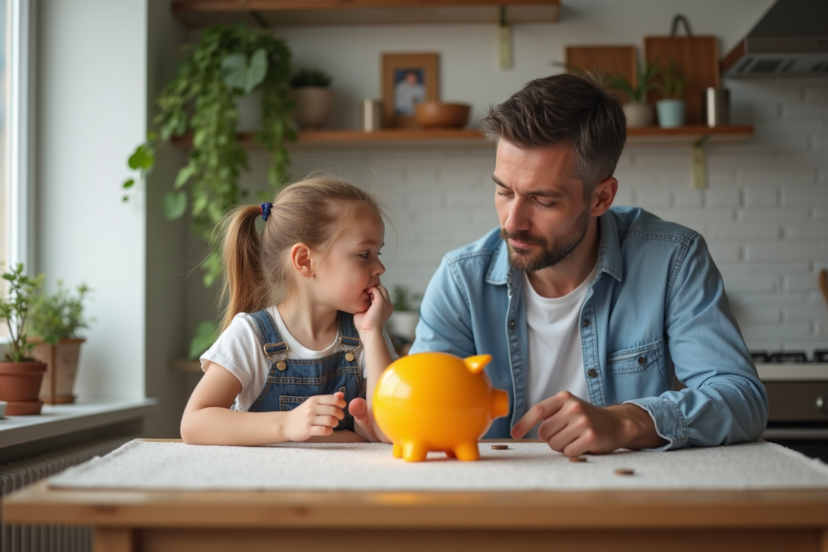 Père et fille autour d'une tirelire colorée dans la cuisine chaleureuse