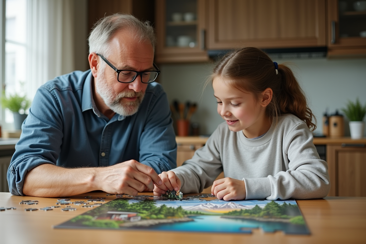 Père et fille résolvent un puzzle dans la cuisine familiale