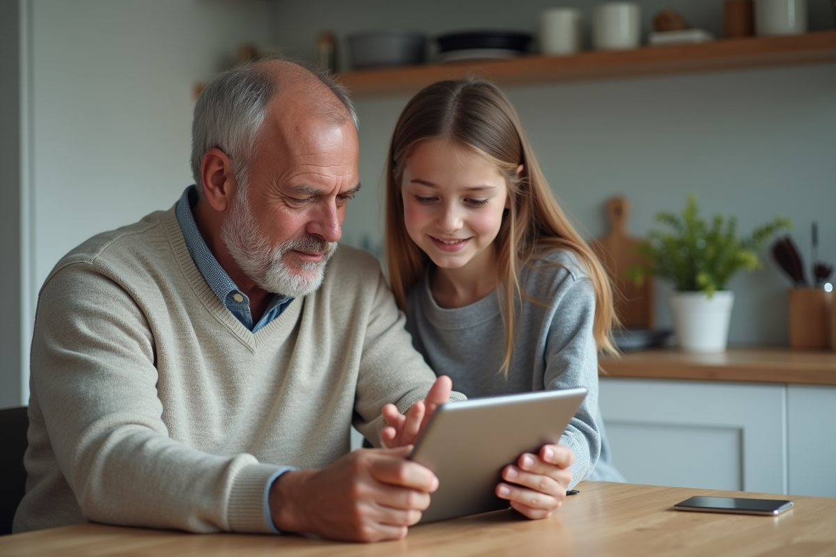 Père et fille discutant devant une tablette à la cuisine