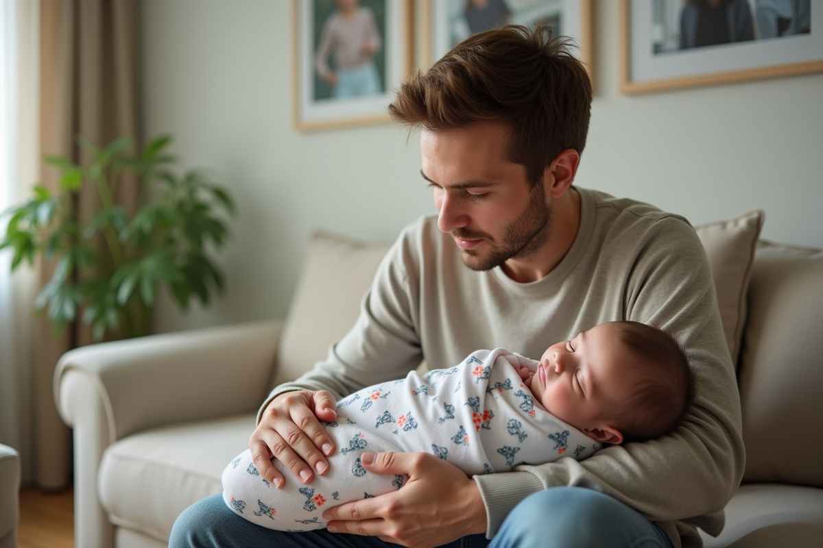 Père vérifiant tendrement son bébé endormi dans le salon