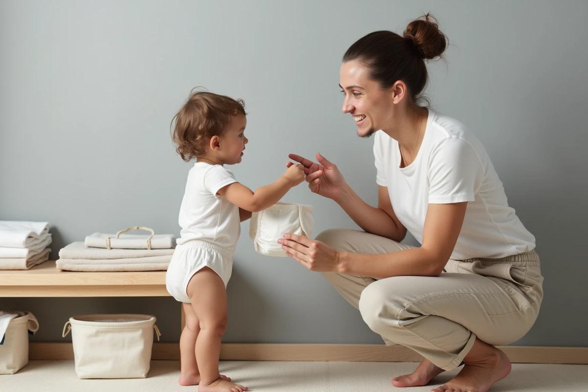 Parent accroupi guidant un tout-petit vers une station de change Montessori basse avec des couches en tissu pliées