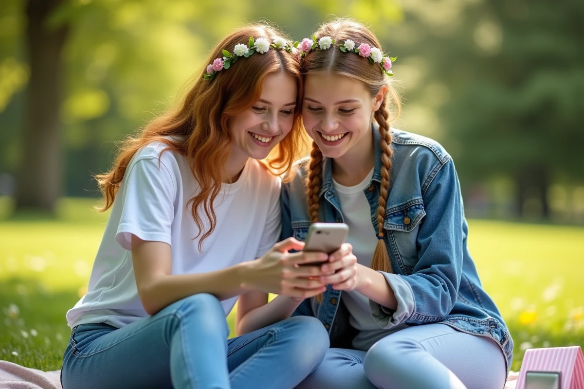 Deux amies de 18 ans partageant et lisant des messages d'anniversaire personnalisés sur smartphone dans un parc ensoleillé