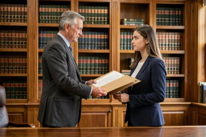 Deux avocats procédant à une passation de dossier juridique dans un cabinet d'avocat, symbolisant le changement d'avocat en cours de procédure