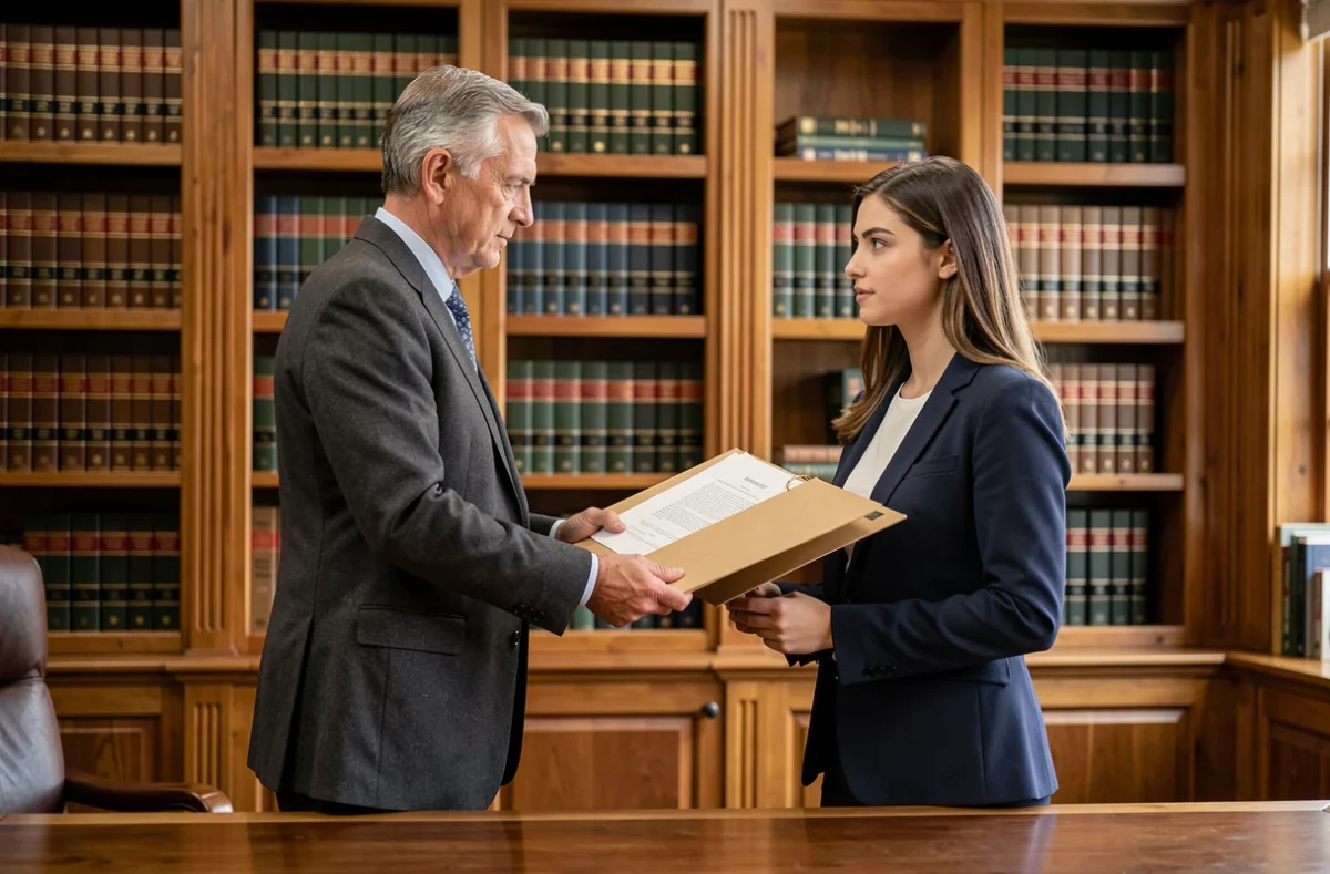 Deux avocats procédant à une passation de dossier juridique dans un cabinet d'avocat, symbolisant le changement d'avocat en cours de procédure