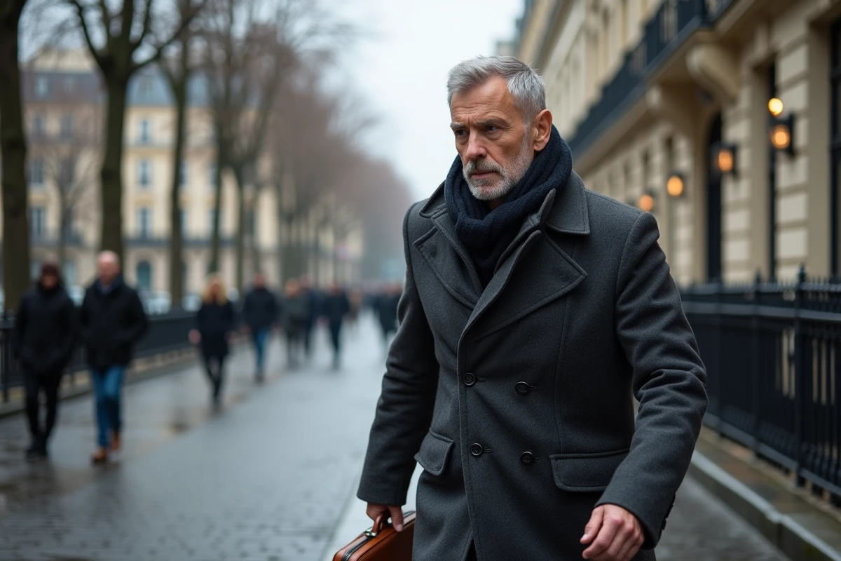Homme en manteau sombre marchant discrètement dans une rue pavée parisienne, illustrant le rapport entre personnalité médiatique et vie privée