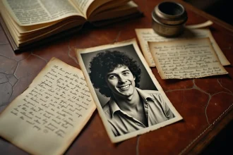 Vieille photographie noir et blanc d'un chanteur des années 70 entourée de lettres manuscrites et de coupures de presse sur un bureau ancien, évoquant une enquête sur l'identité de Mike Brant