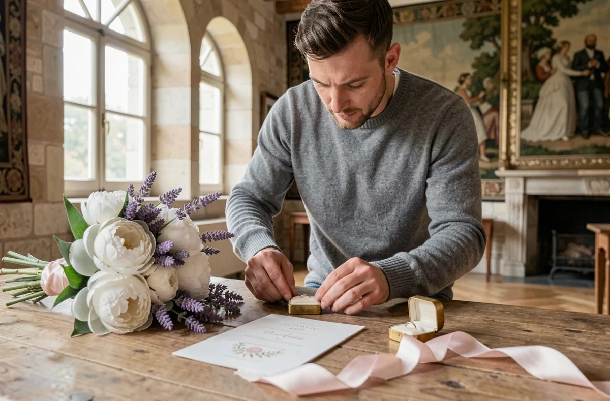 Photographe de mariage arrangeant des détails de mariage en flat lay dans un château alsacien