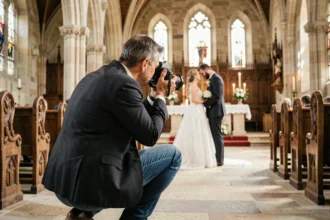 Photographe de mariage professionnel au travail dans une église historique de Meaux lors d'une cérémonie