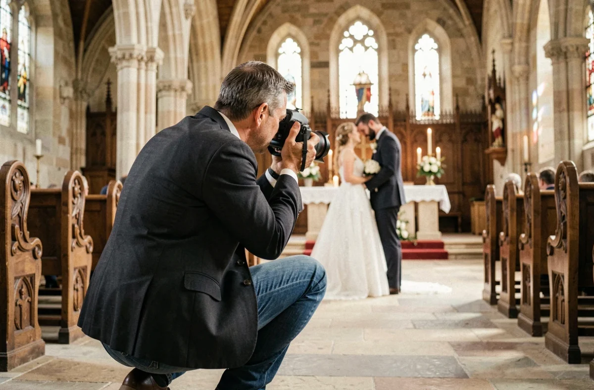 Photographe de mariage professionnel au travail dans une église historique de Meaux lors d'une cérémonie