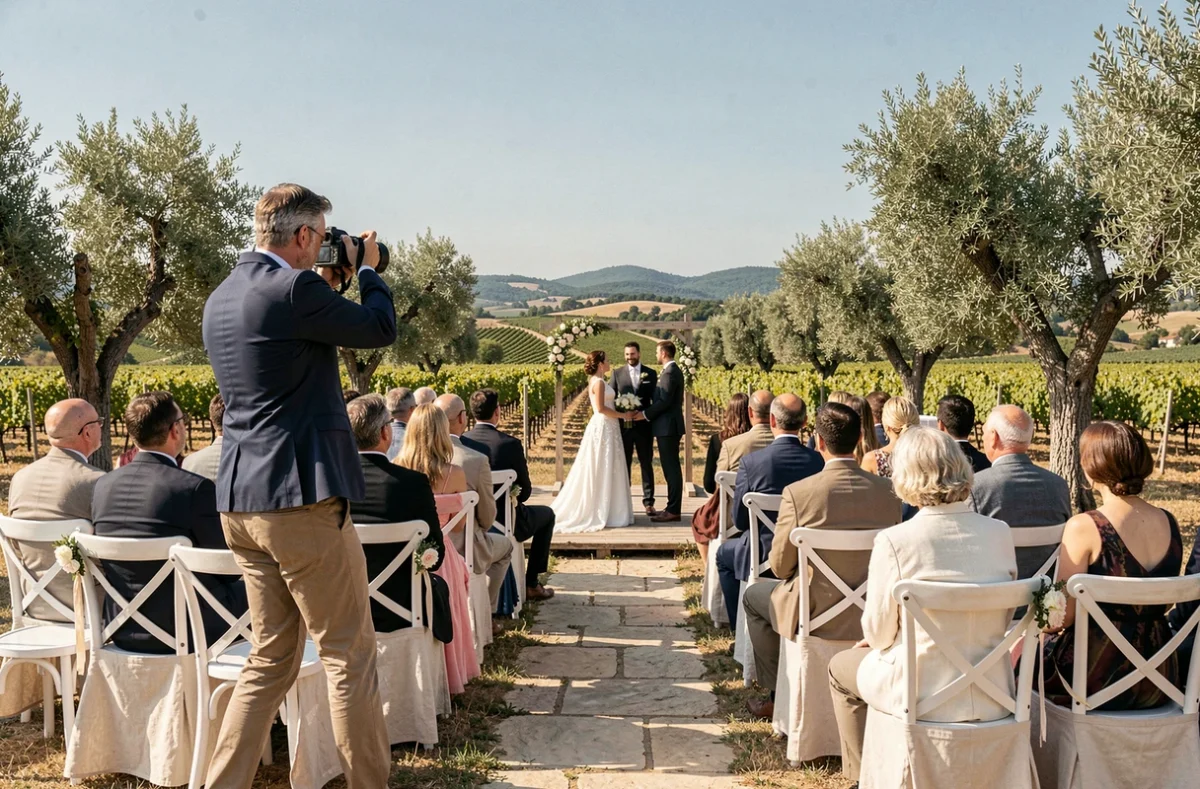 Photographe de mariage capturant une cérémonie en plein air dans un domaine viticole du Var
