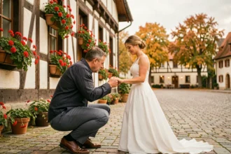Photographe de mariage professionnel capturant les mariés devant une église alsacienne à colombages avec des géraniums rouges