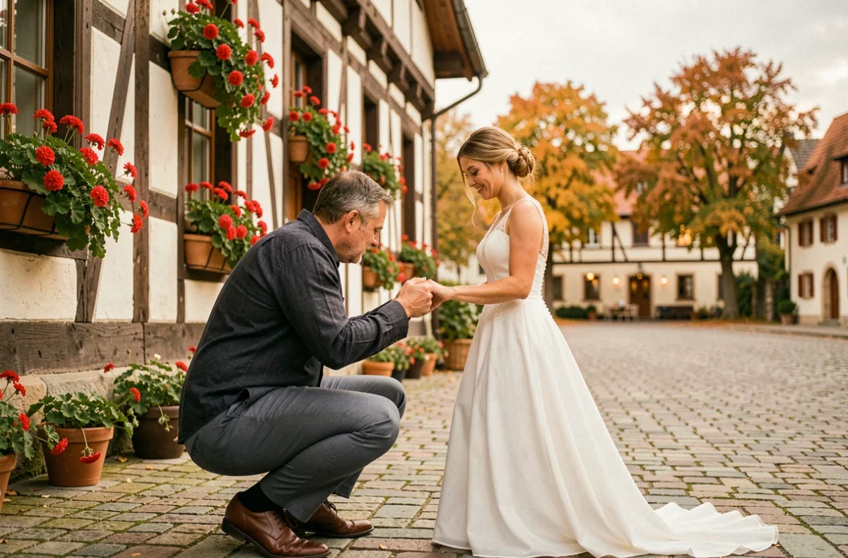 Photographe de mariage professionnel capturant les mariés devant une église alsacienne à colombages avec des géraniums rouges