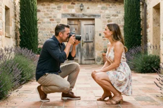 Photographe de mariage professionnel discutant avec un couple dans une cour en pierre provençale du Var