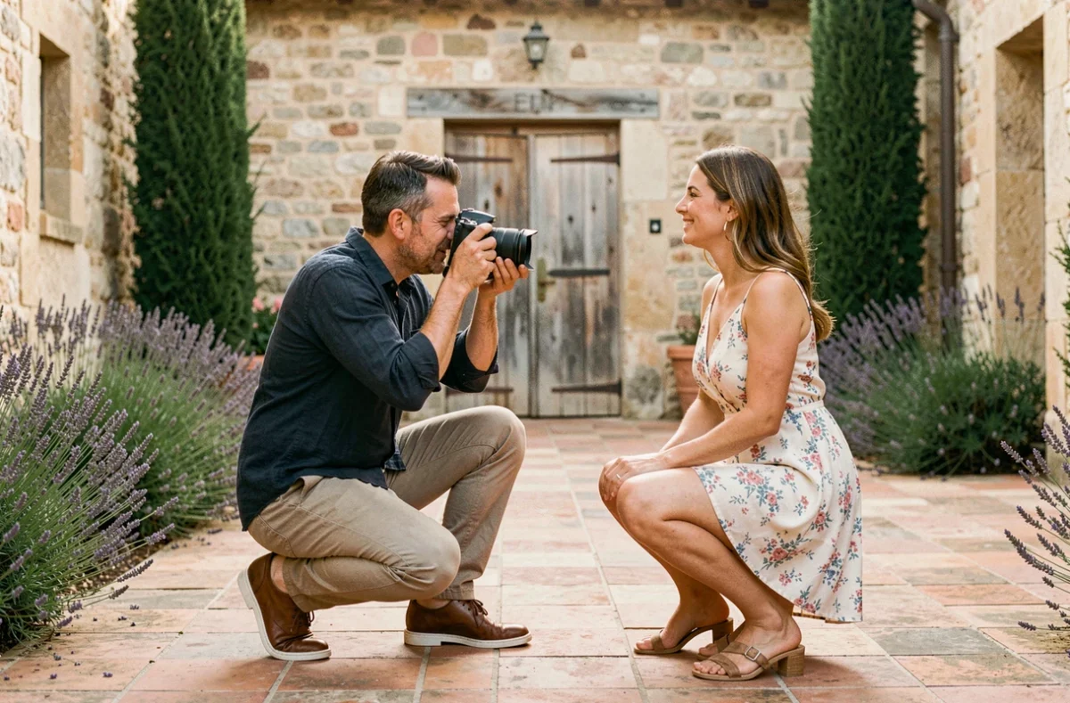 Photographe de mariage professionnel discutant avec un couple dans une cour en pierre provençale du Var