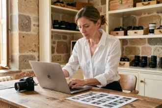 Photographe professionnelle à Auch travaillant dans son studio aux murs en pierre gasconne