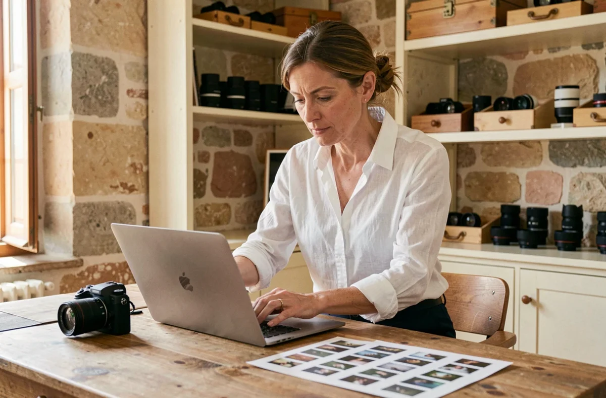 Photographe professionnelle à Auch travaillant dans son studio aux murs en pierre gasconne