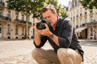 Photographe professionnel en action dans une rue de Sartrouville avec son appareil photo reflex