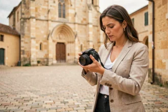 Photographe professionnelle à Brive-la-Gaillarde consultant son appareil photo devant la collégiale Saint-Martin