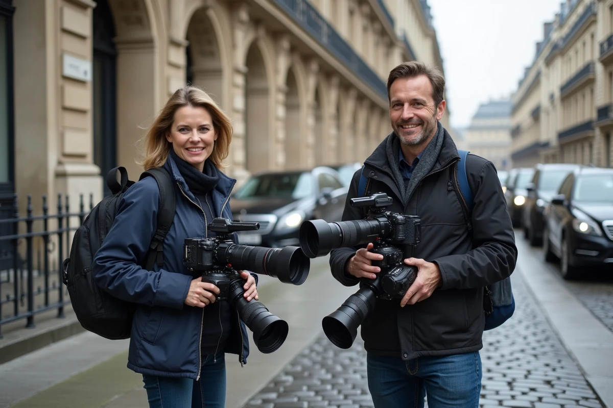 Photographes de presse parisiens attendant devant un bâtiment institutionnel haussmannien avec leurs appareils photo