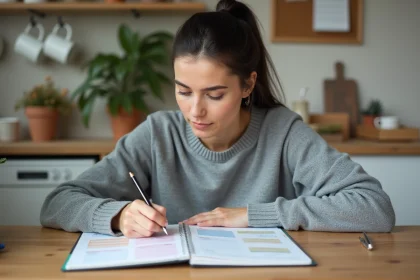 Femme organisant un planning familial semaine paire et impaire dans une cuisine avec un agenda papier coloré