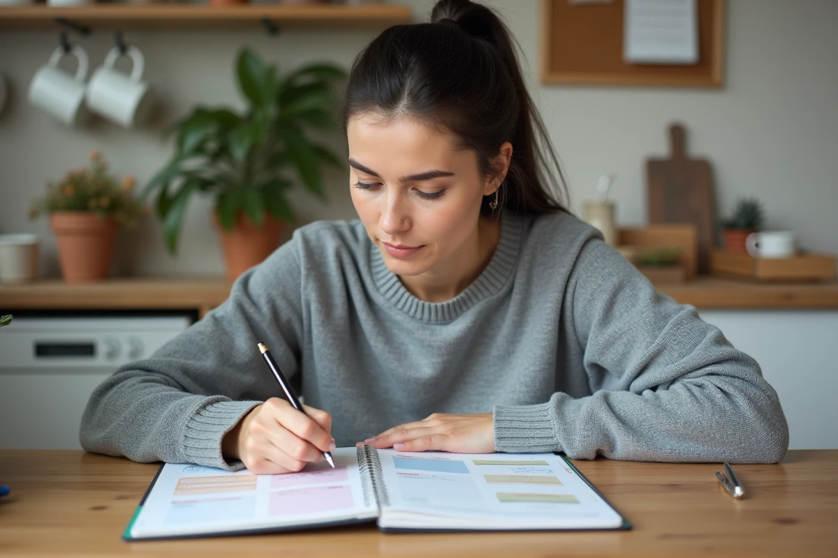 Femme organisant un planning familial semaine paire et impaire dans une cuisine avec un agenda papier coloré