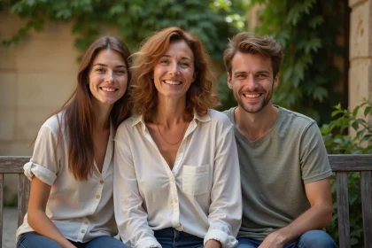Portrait de famille chaleureux d'une mère et ses enfants jeunes adultes dans une cour parisienne avec murs en pierre