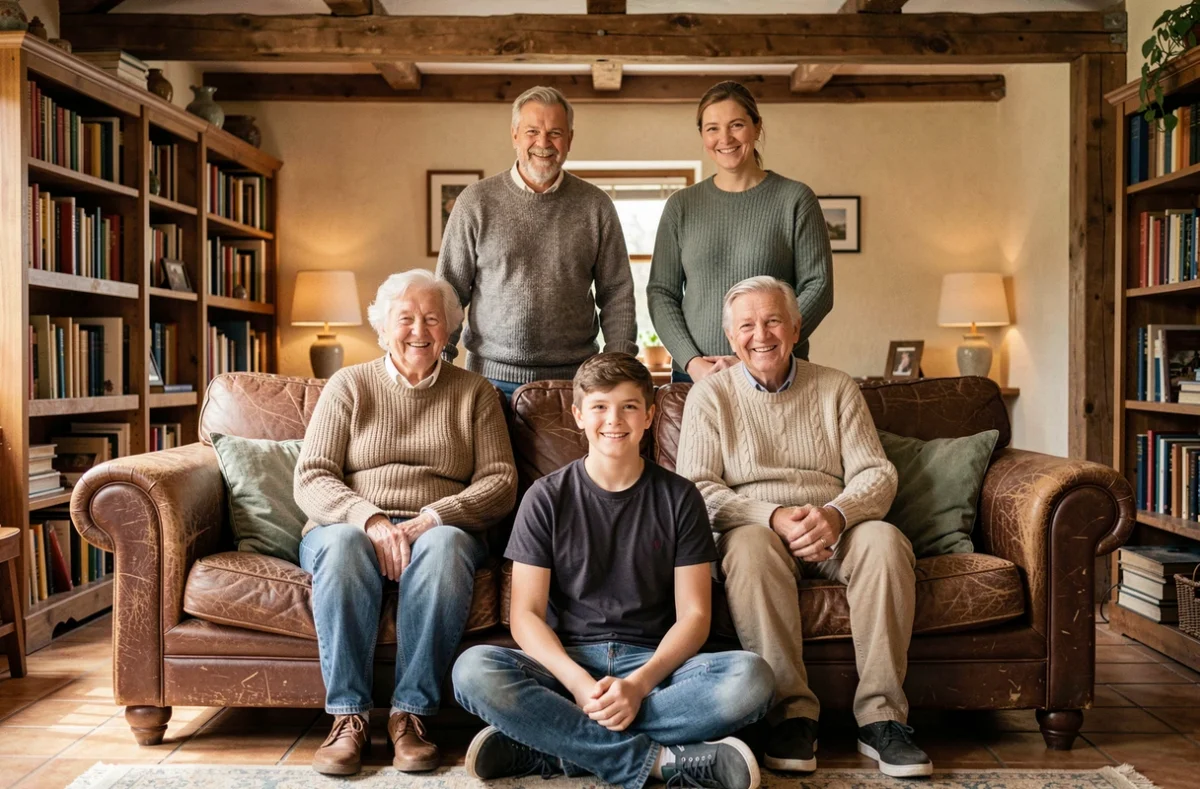Portrait de famille multigénérationnelle en intérieur lors d'une séance photo à Sartrouville