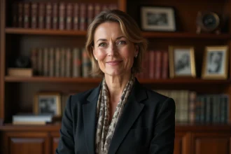 Portrait d'une femme élégante dans une bibliothèque familiale évoquant l'histoire et les origines personnelles