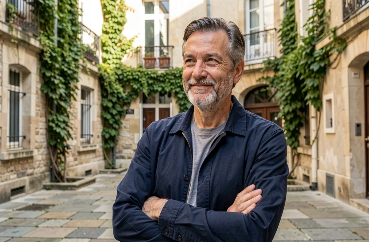 Portrait d'un homme d'âge mûr souriant dans une cour parisienne, évoquant la figure paternelle bienveillante et les liens familiaux forts