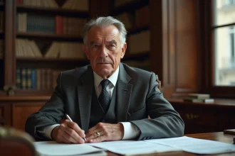 Portrait d'un homme politique français âgé en costume gris assis dans un bureau parisien classique