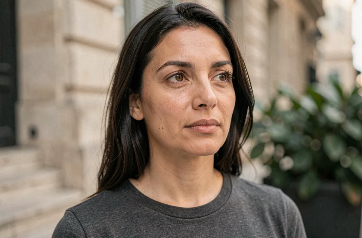 Portrait en gros plan d'une journaliste aux origines méditerranéennes dans un cadre urbain européen