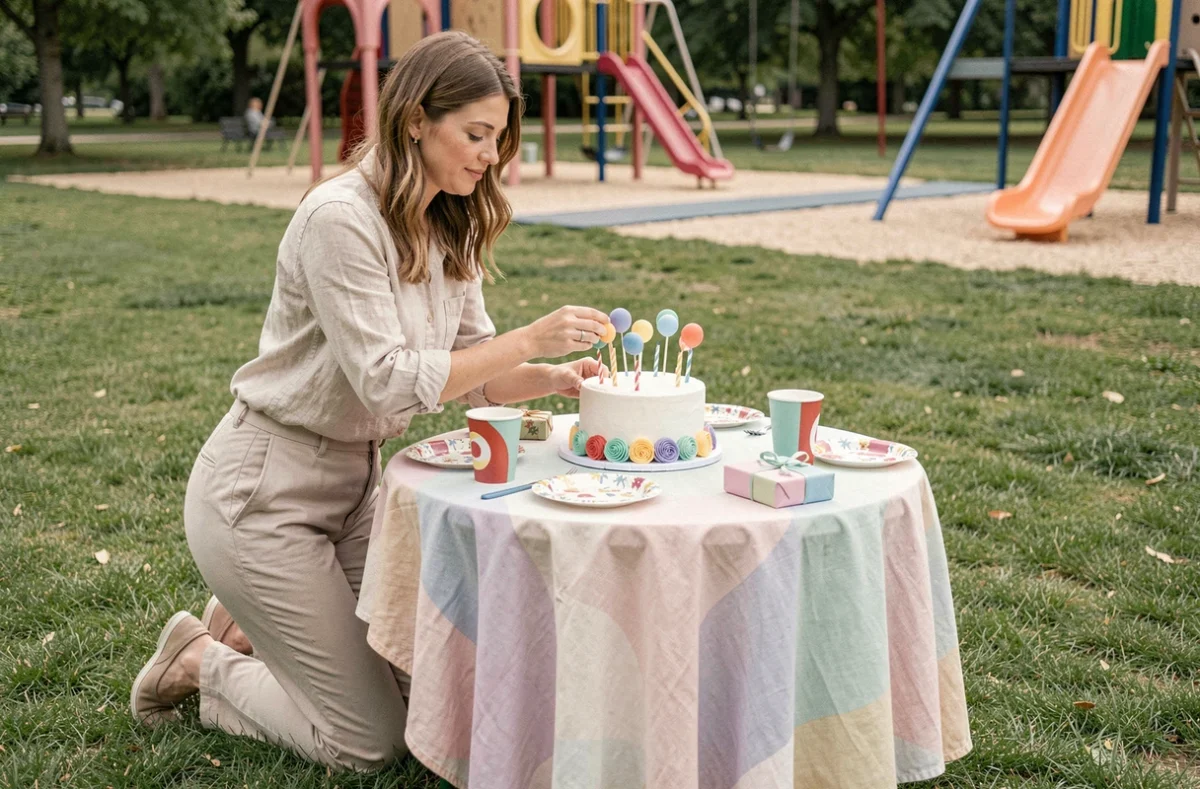 Maman préparant le gâteau d'anniversaire sur une table décorée dans un parc en plein air