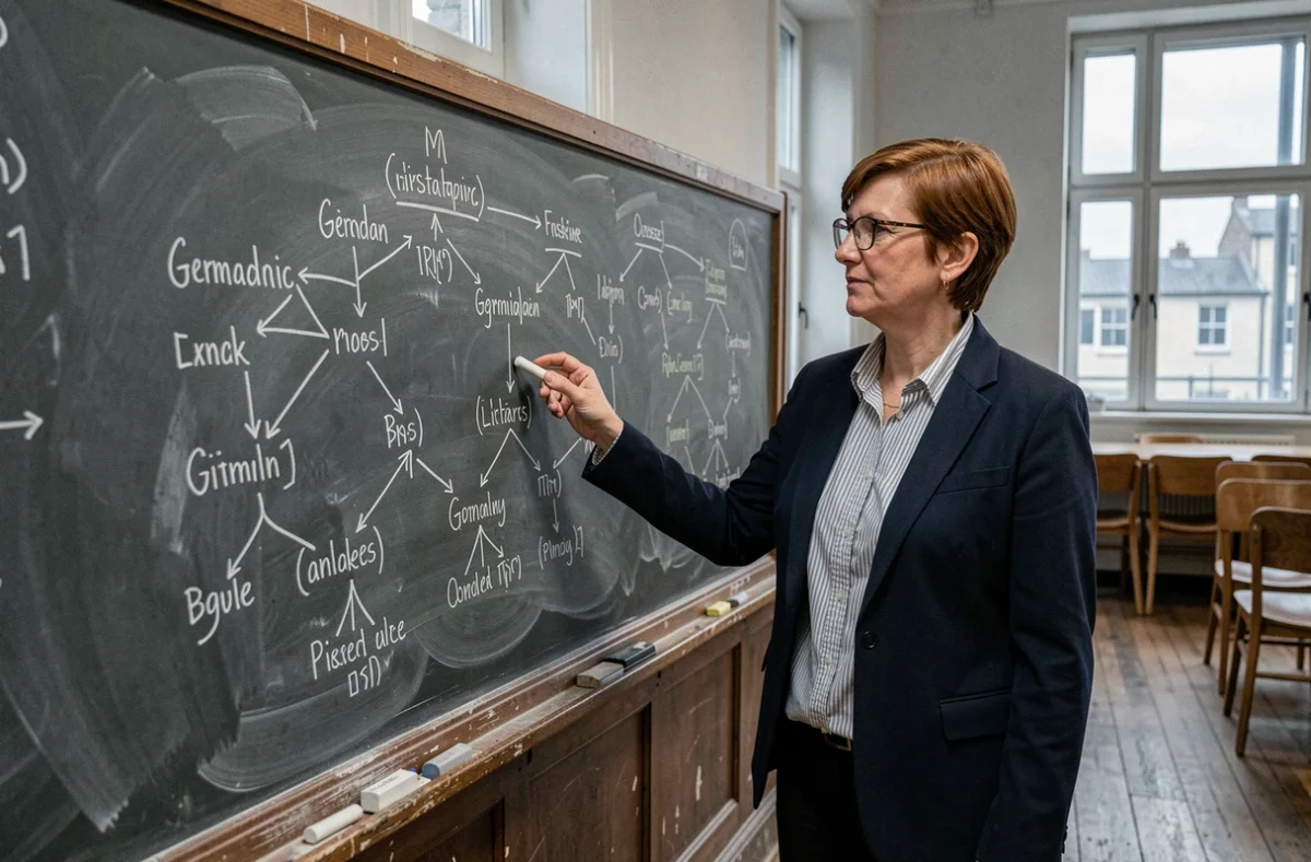 Professeure de linguistique devant un tableau d'étymologie expliquant les origines germaniques et hébraïques du prénom Lisa