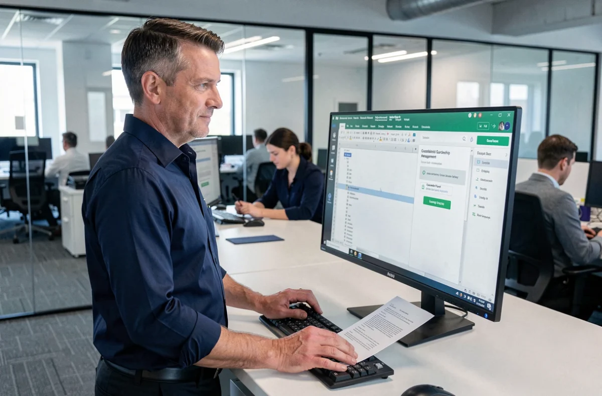 Homme professionnel comparant un fichier Excel et un logiciel de gestion de tutelle sur écran dans un bureau moderne