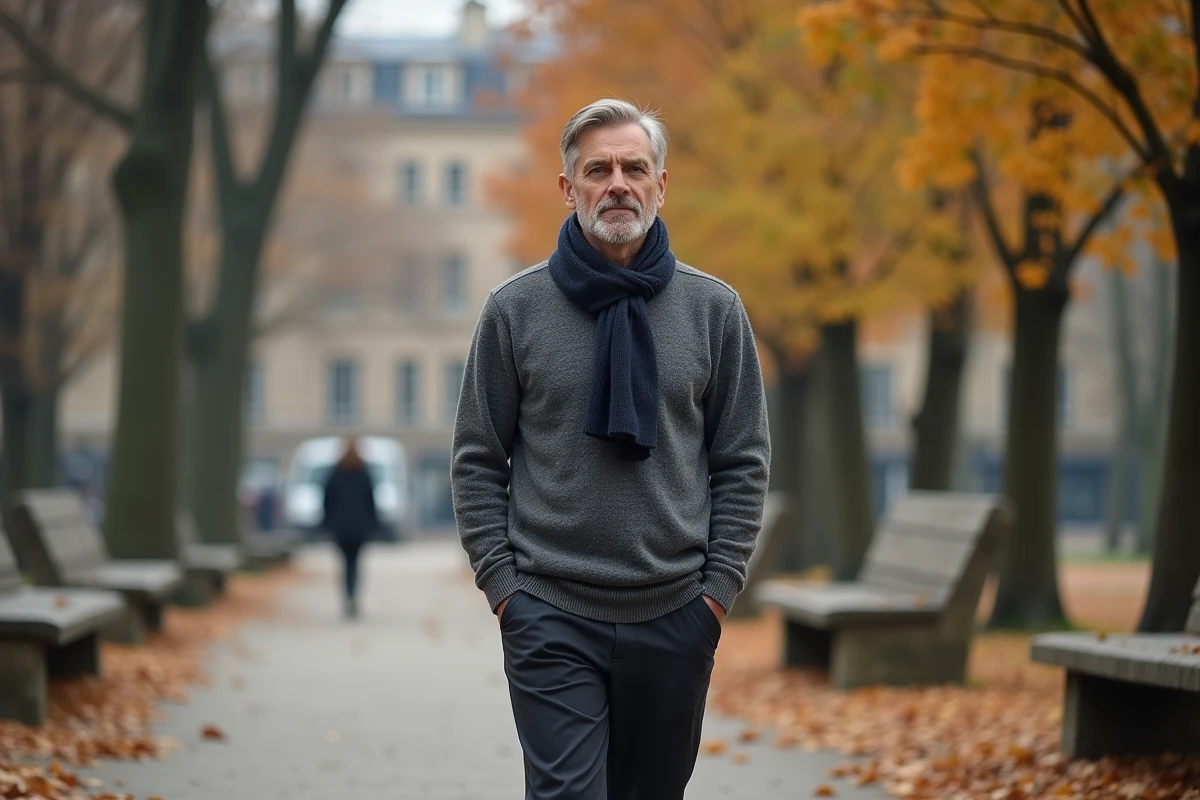 Homme marche dans un parc parisien en automne