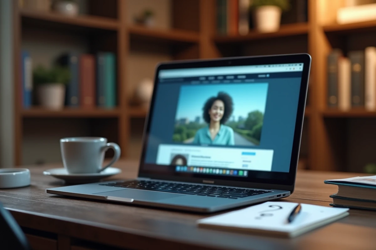 Ordinateur portable ouvert sur un profil flou de réseau social, carnet de notes avec points d'interrogation, atmosphère de recherche en ligne sur la vie privée