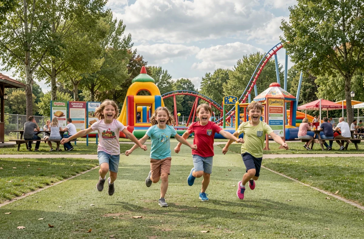 Enfants courant et s'amusant dans les attractions du parc de loisirs Récréa'Val à Sorigny