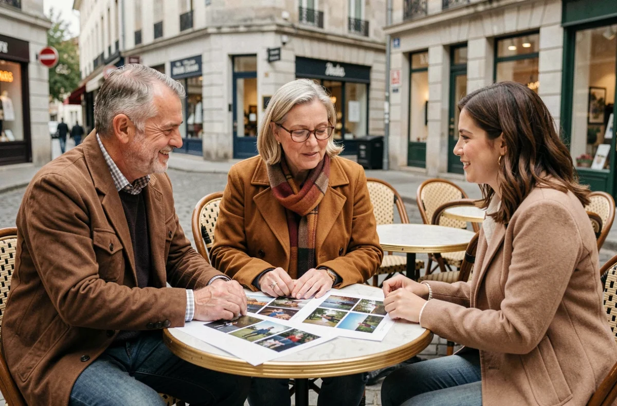Couple discutant avec une photographe de leur budget et projet photo à une terrasse de café à Brive-la-Gaillarde