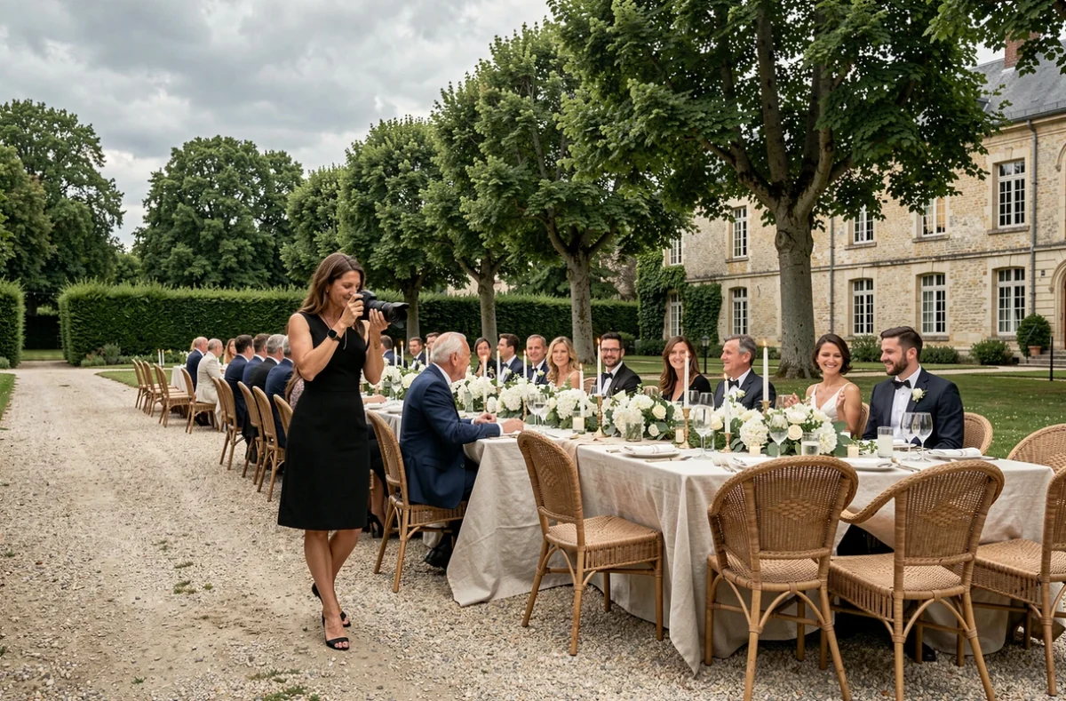 Photographe de mariage en reportage lors d'une réception en plein air dans un domaine proche de Meaux