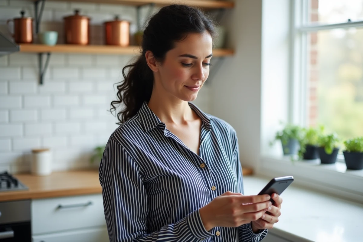Femme tenant un smartphone retourné dans une cuisine moderne, expression posée évoquant le respect de la vie privée et la discrétion