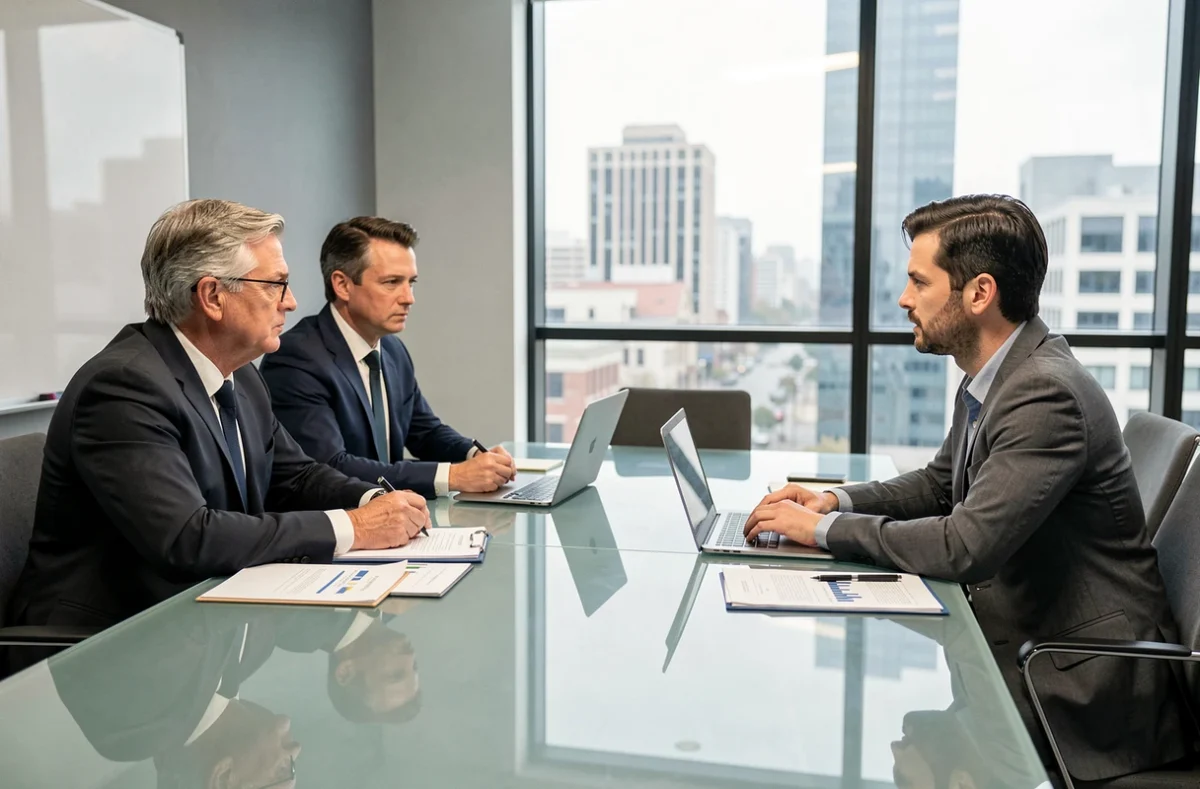 Réunion entre un client et deux avocats autour d'un dossier juridique en salle de conférence, illustrant la continuité de la défense lors d'un changement d'avocat