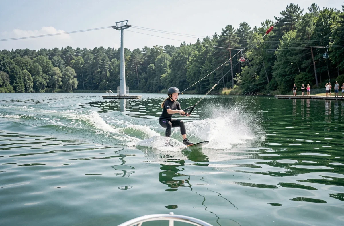 Adolescente pratiquant le wakeboard encadré au Rillé Wake Park en Indre-et-Loire