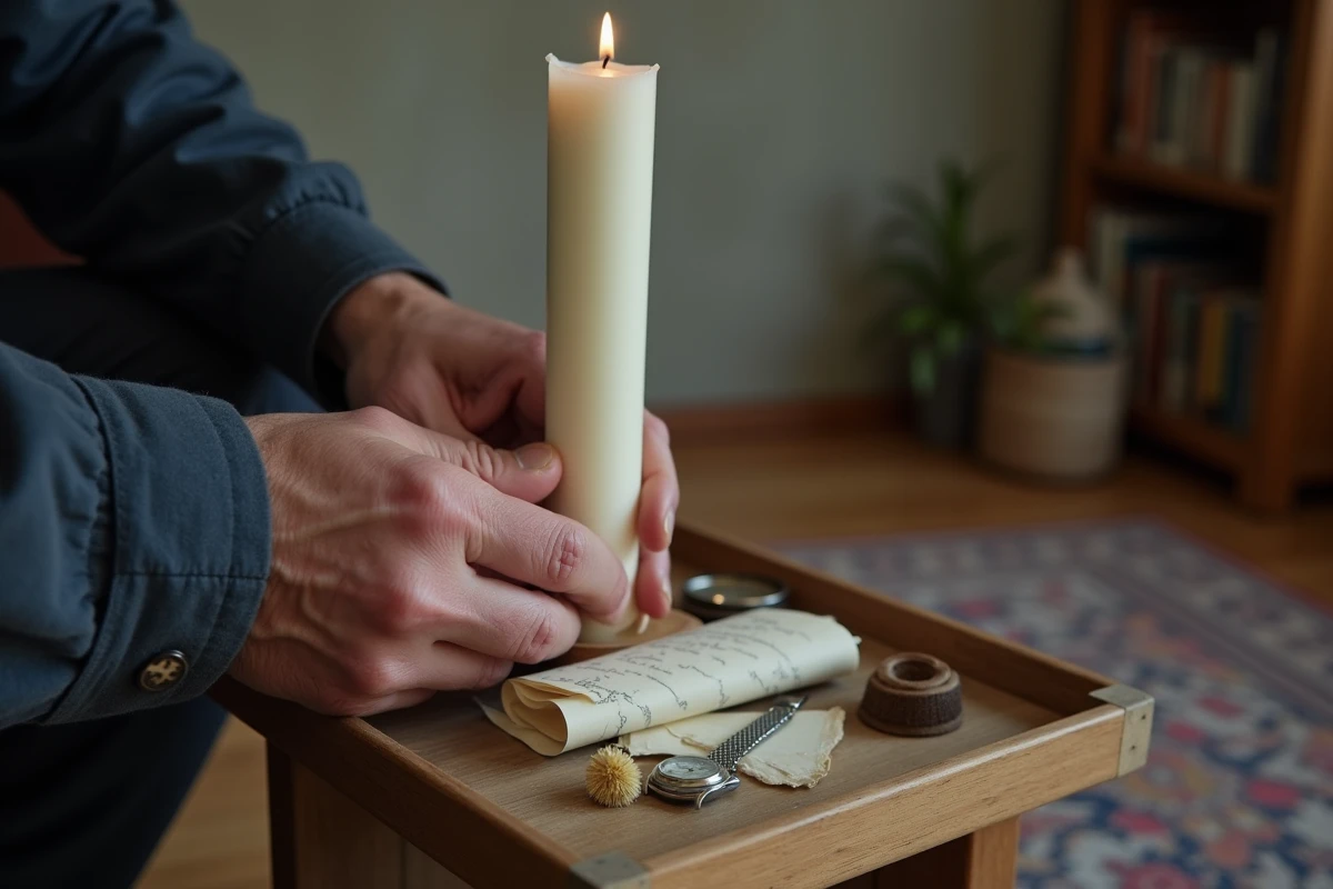 Mains d'un homme posant une bougie et des objets souvenirs lors d'un rituel commémoratif anniversaire décès