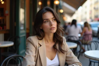 Jeune femme célibataire songeuse attablée à une terrasse de café parisien, illustration d'un article sur la vie amoureuse de Rym Ben Ameur
