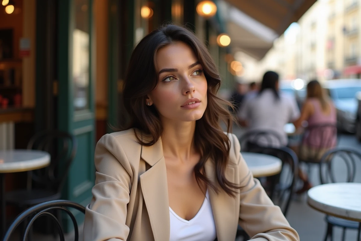 Jeune femme célibataire songeuse attablée à une terrasse de café parisien, illustration d'un article sur la vie amoureuse de Rym Ben Ameur