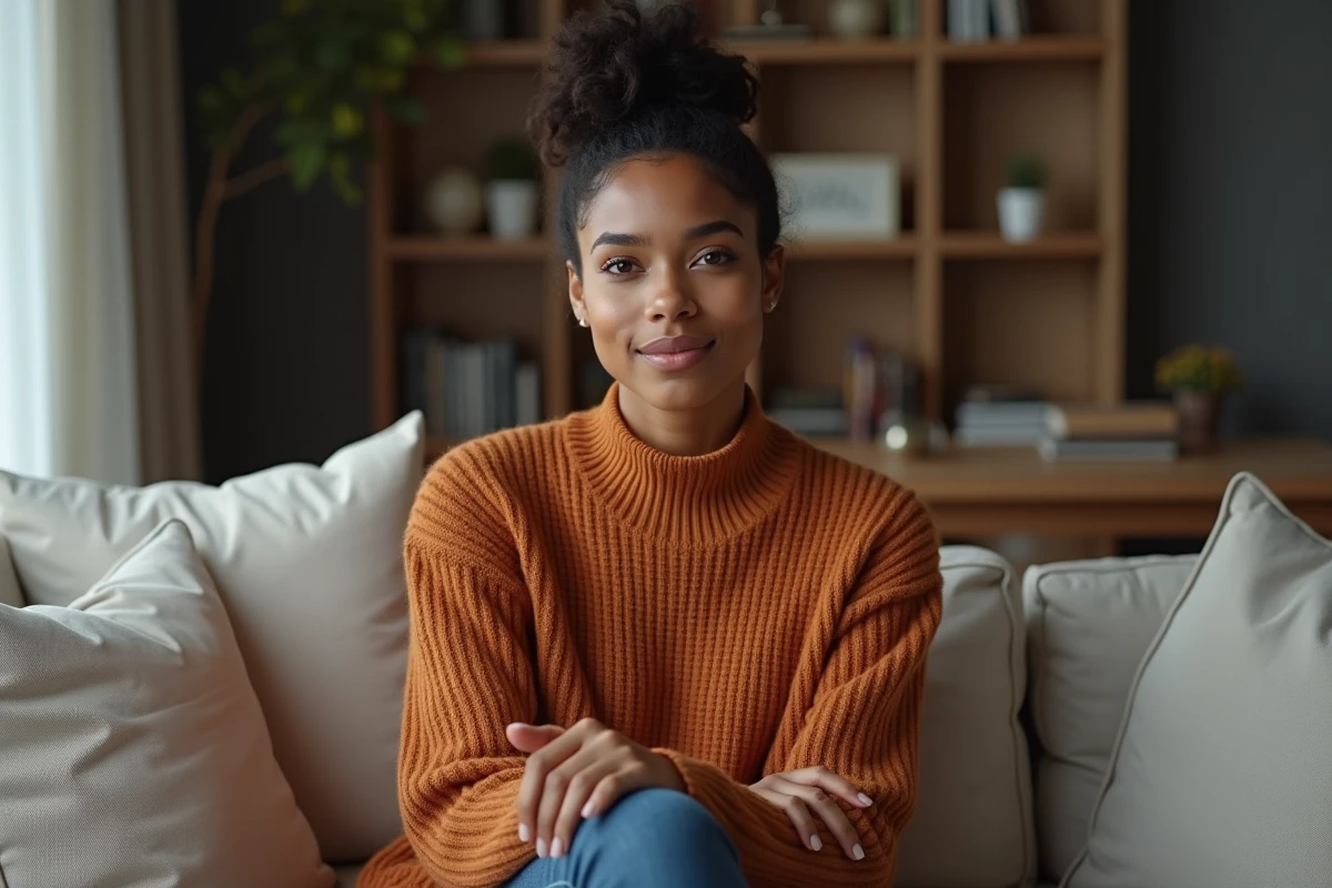 Portrait intimiste d'une jeune femme en interview intérieure, illustrant l'article sur le statut amoureux de Rym Ben Ameur