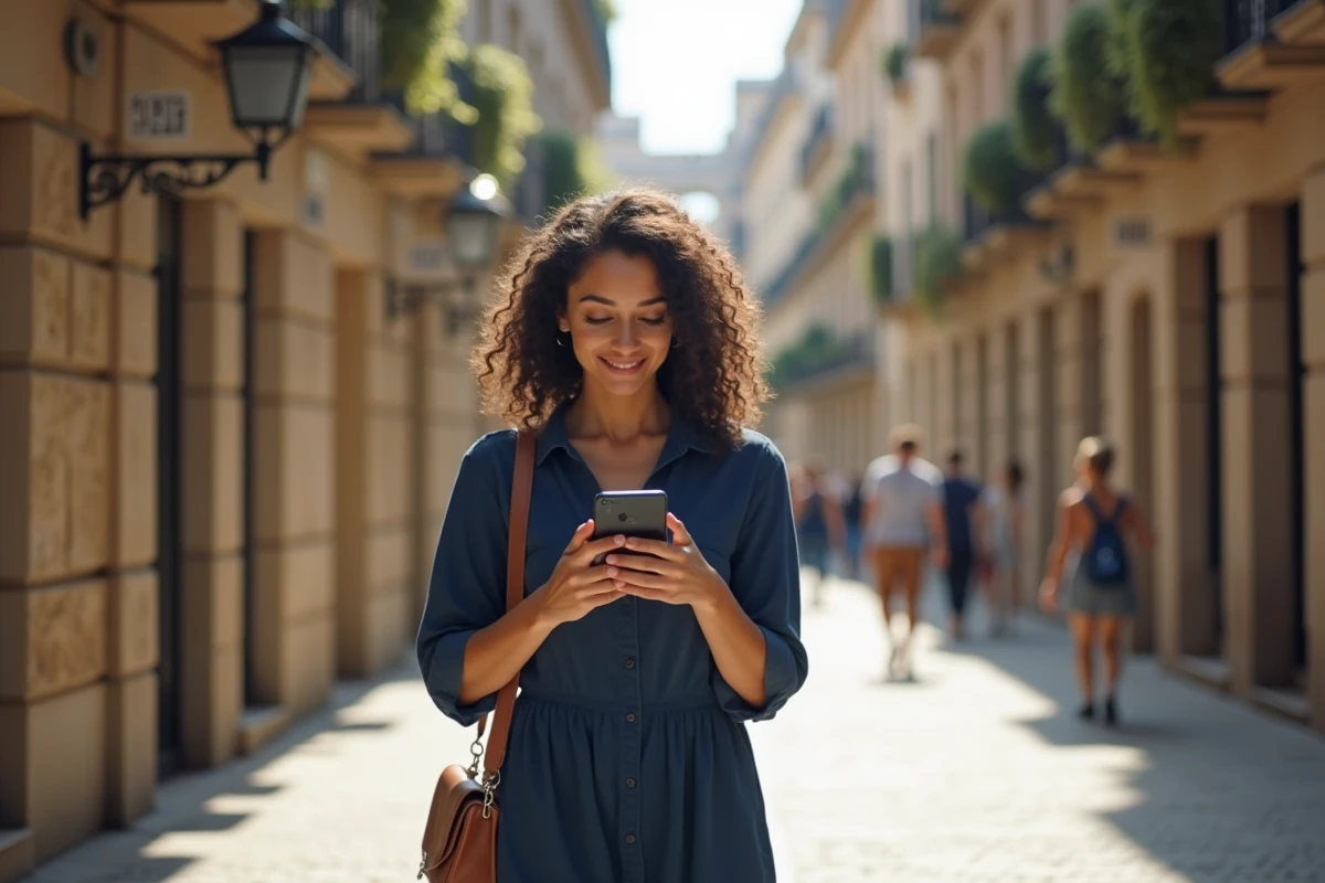 Femme élégante marchant en ville avec son téléphone, illustrant les rumeurs sur la vie sentimentale de Rym Ben Ameur