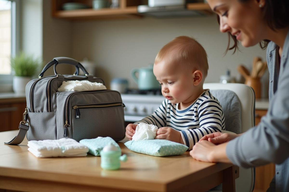 Sac à couches ouvert avec bébé dans une chaise haute